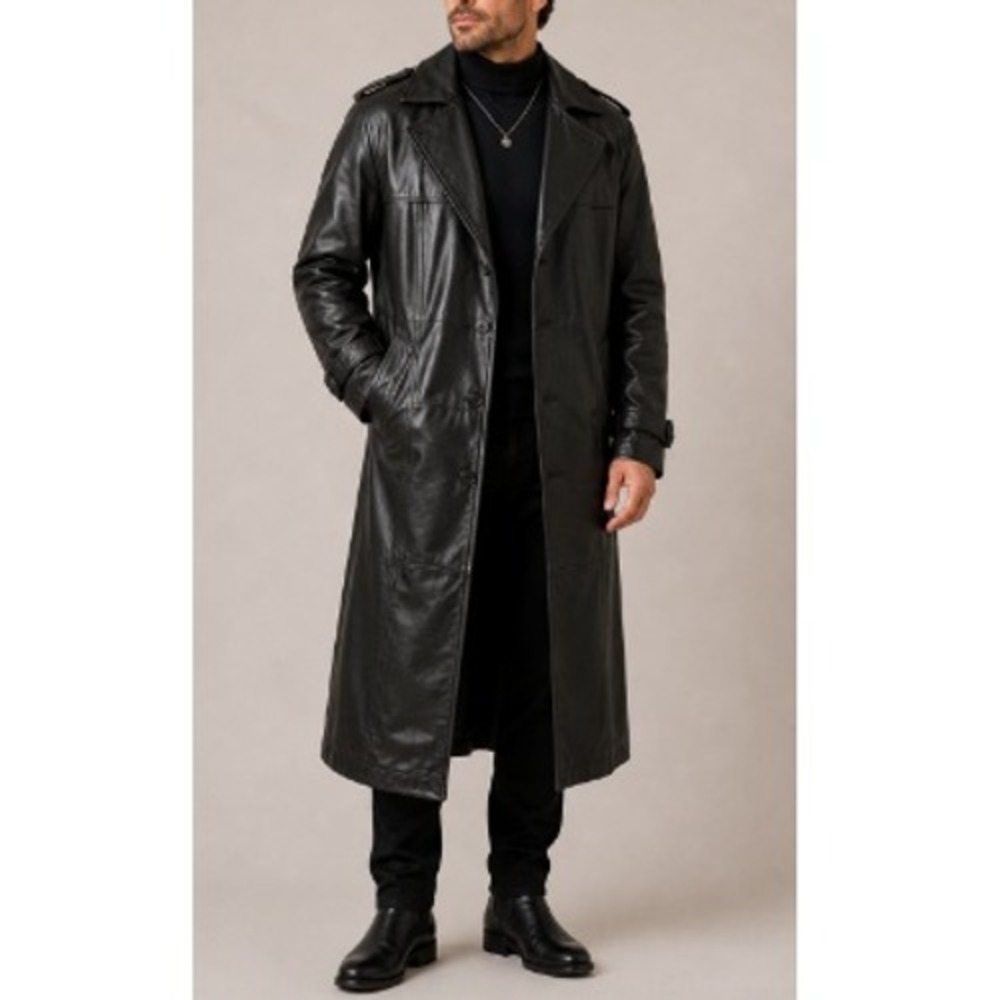Mirage Men's Black Vintage Button Closure Genuine Leather Trench Coat Size XL